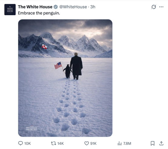 白宫发特朗普在格陵兰岛牵企鹅AI图,网友“惊呆”:格陵兰岛没有企鹅啊……