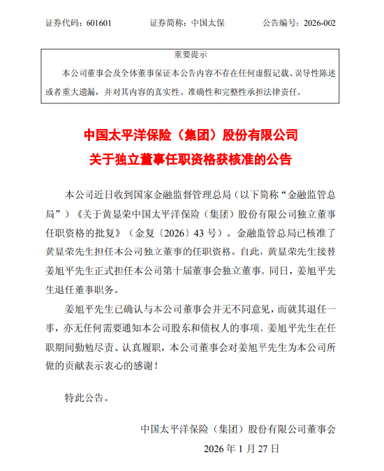 中国太保：黄显荣担任独立董事的任职资格已获核准