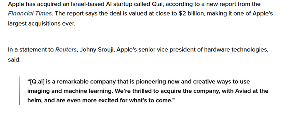 苹果斥资20亿美元收购以色列AI公司 CEO将入职苹果