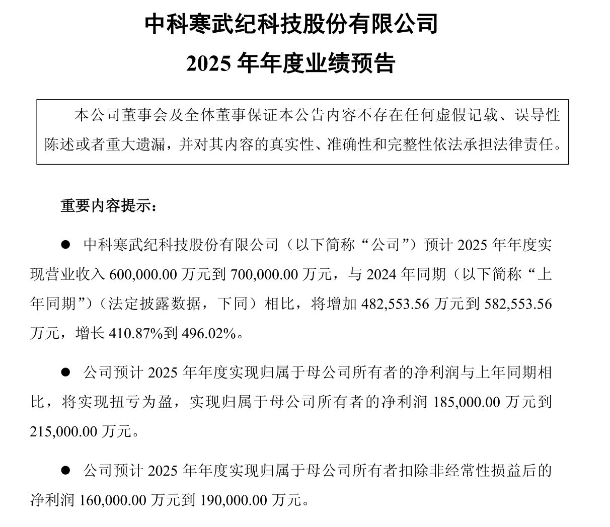 寒武纪:预计2025年营收增长超410%!净利润将扭亏为盈