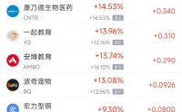 5月13日热门中概股多数下跌 奇景光电跌7.46%，金山云跌6.36%