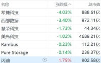 美股存储概念股普跌，西部数据跌超3%