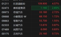 港股异动丨汽车股拉升，蔚来涨超7%，比亚迪股份站上110港元