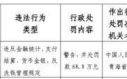 青海湟源农村商业银行被罚68.8万元：违反金融统计、支付结算、货币金银、反洗钱管理规定