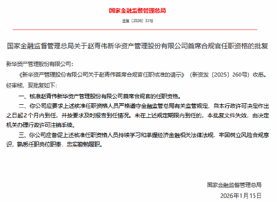 赵青伟获批担任新华资产首席合规官