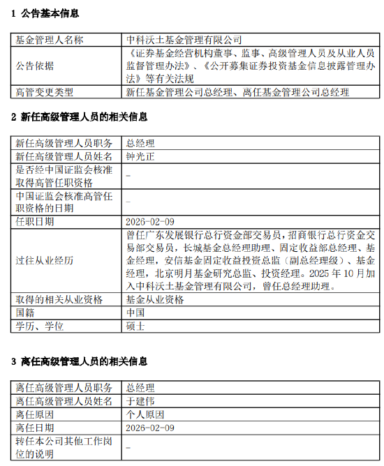 中科沃土基金总经理更迭：钟光正接棒 于建伟因个人原因离任