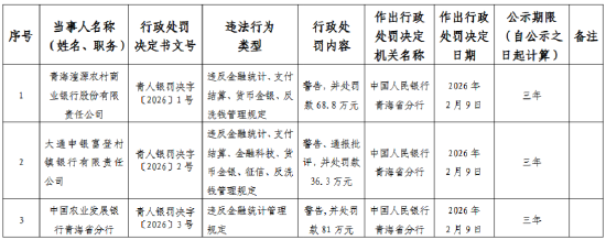 中国农业发展银行青海省分行因违反金融统计管理规定被罚81万元