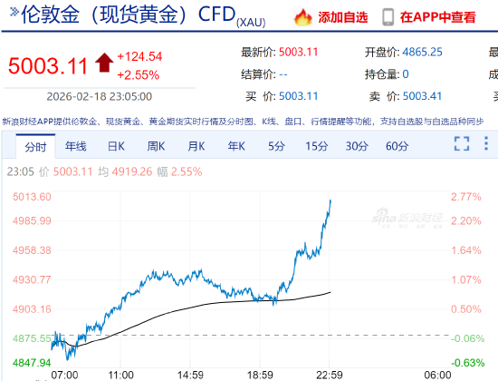 现货黄金再度站上5000美元/盎司 日内涨幅超2.5%