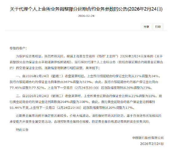 中国银行:调整代理个人上金所业务交易保证金比例、涨跌幅度限制