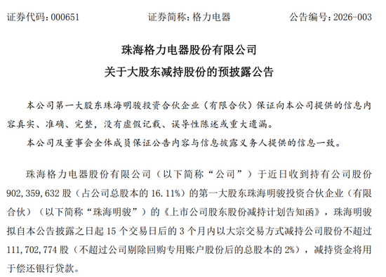 格力电器第一大股东，宣布减持