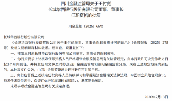 长城华西银行董事长王付彪、副行长王振飞任职资格获批