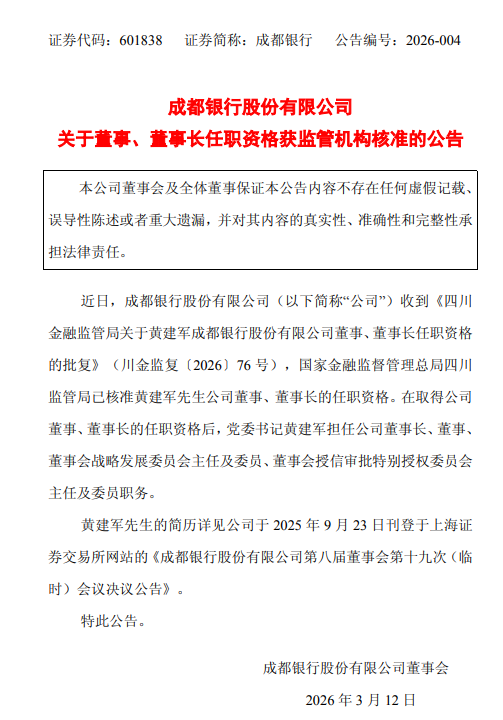 成都银行:董事长黄建军任职资格获监管机构核准