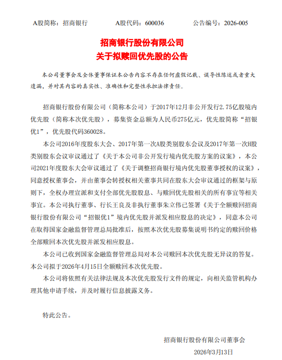 招商银行:拟于4月15日全额赎回“招银优1”