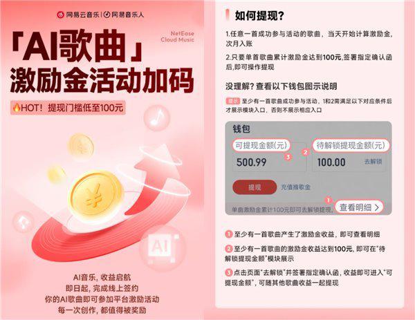 满 100 元即可提现!网易云音乐更新 AI 歌曲激励金政策