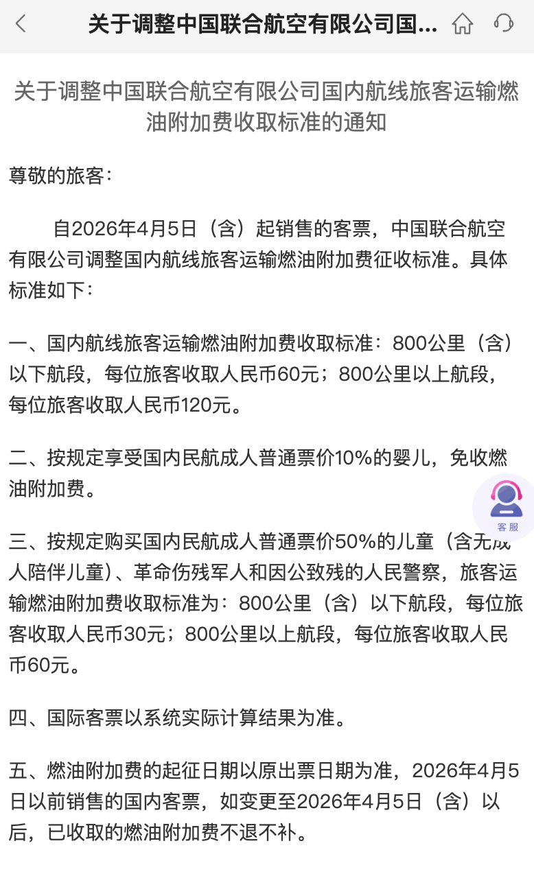 国内航线燃油附加费4月5日起上涨5倍，800公里以上上调百元