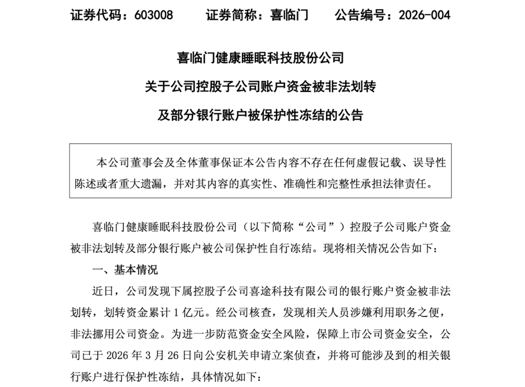 1亿元资金被非法挪用!603008,被立案调查!