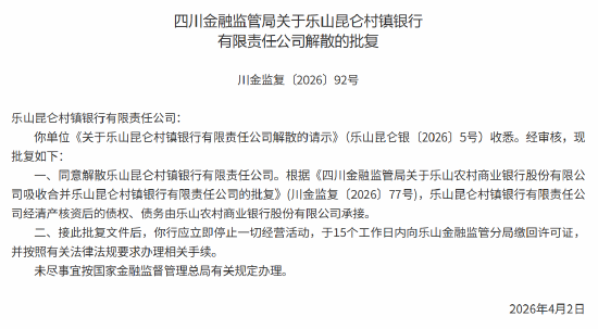 乐山昆仑村镇银行获批解散 全部业务由乐山农商行承接