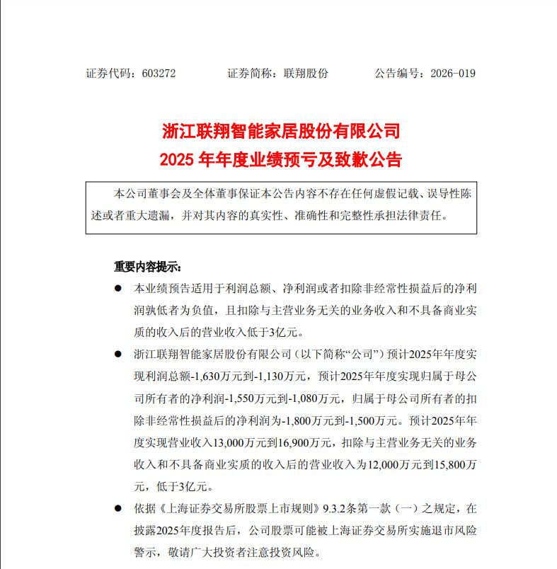 业绩预告亏损却未在1月披露,联翔股份致歉!业内人士:理由牵强⋯⋯