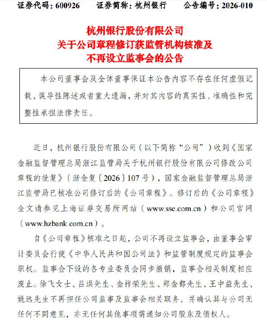 杭州银行:公司章程修订获核准,不再设立监事会