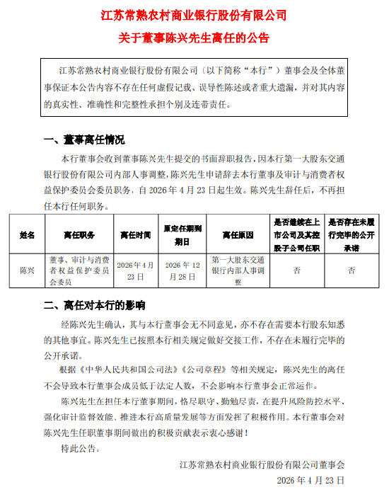 常熟银行:董事陈兴离任