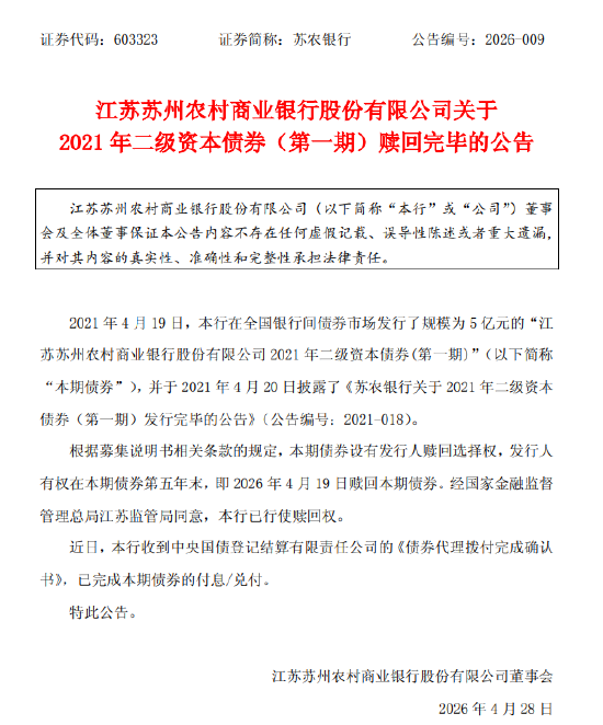 苏农银行:2021年二级资本债券(第一期)赎回完毕