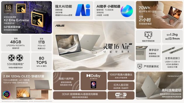 华硕灵耀Air系列、ProArt 骁龙版正式发布:超长续航的创作本