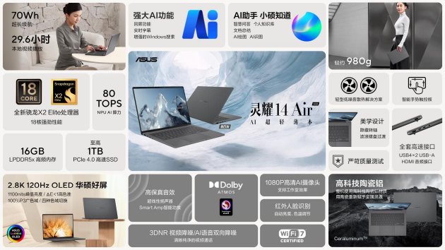 华硕灵耀Air系列、ProArt 骁龙版正式发布:超长续航的创作本