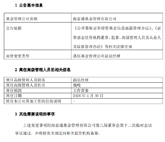 海富通基金副总经理魏峻离任!整合大考在即