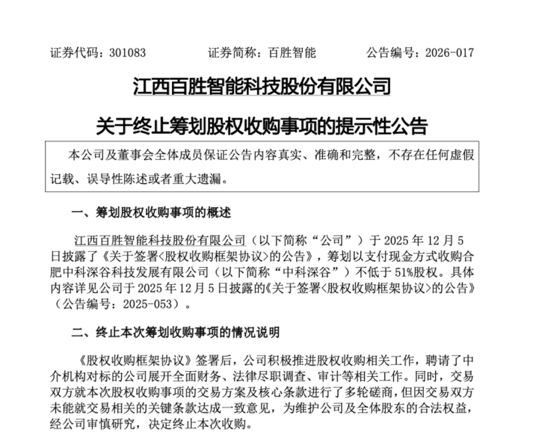 301083,终止收购机器人公司!