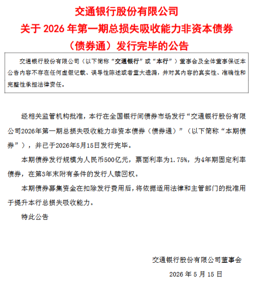 交通银行:完成发行500亿元总损失吸收能力非资本债券