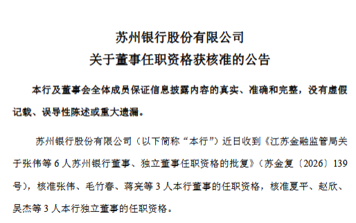 苏州银行：张伟、毛竹春、蒋亮获批担任董事，夏平、赵欣、吴杰获批担任独立董事