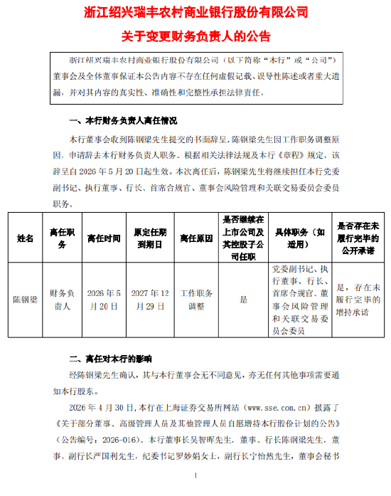 瑞丰银行:聘任罗妙娟为财务负责人
