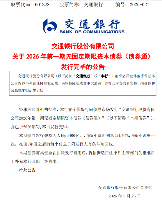 交通银行：400亿元无固定期限资本债券发行完毕