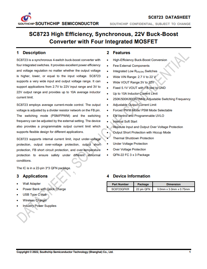 南芯科技推出集成四 MOS 同步升降压转换器 SC8723