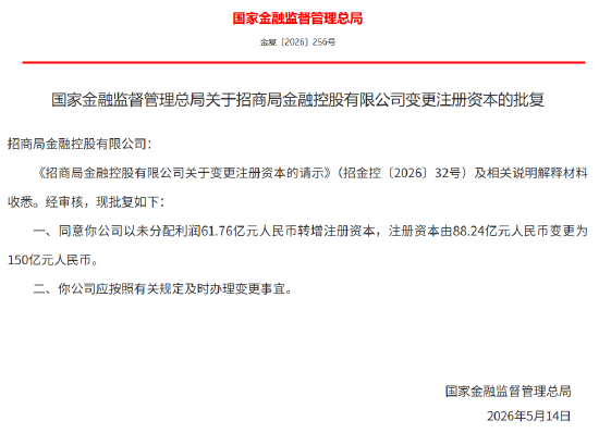 招商金控注册资本获批增至150亿元