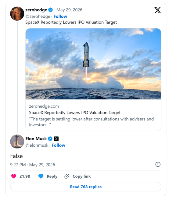 冲刺全球首位万亿富豪！马斯克回应“SpaceX下调IPO估值”：不实