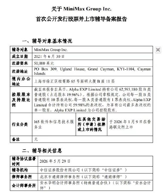 MiniMax启动A股上市辅导