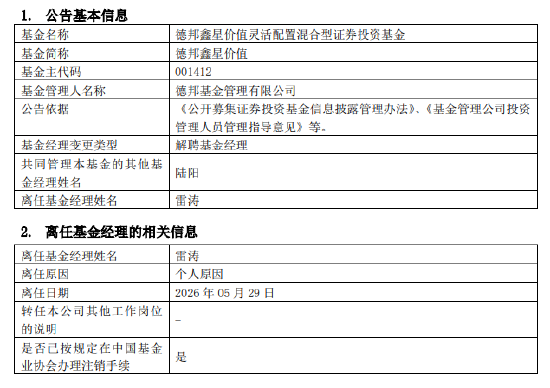 官宣！百亿基金经理雷涛挥别德邦：180亿资产交棒 接任者已就位