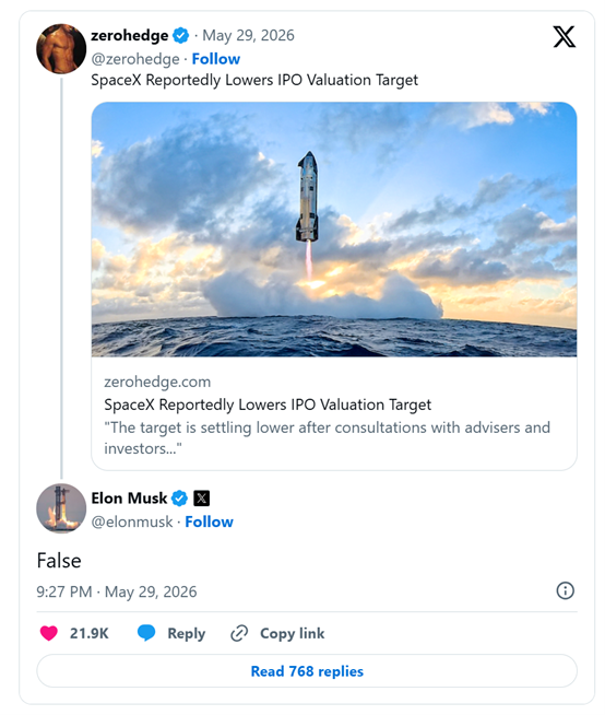 知情人士称SpaceX下调IPO估值，马斯克辟谣